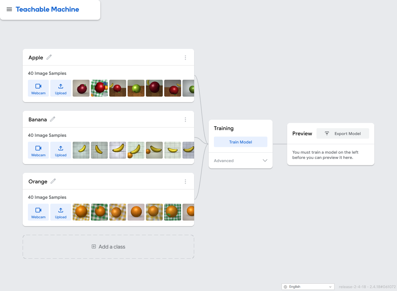 Teachable Machine with the three classes uploaded.