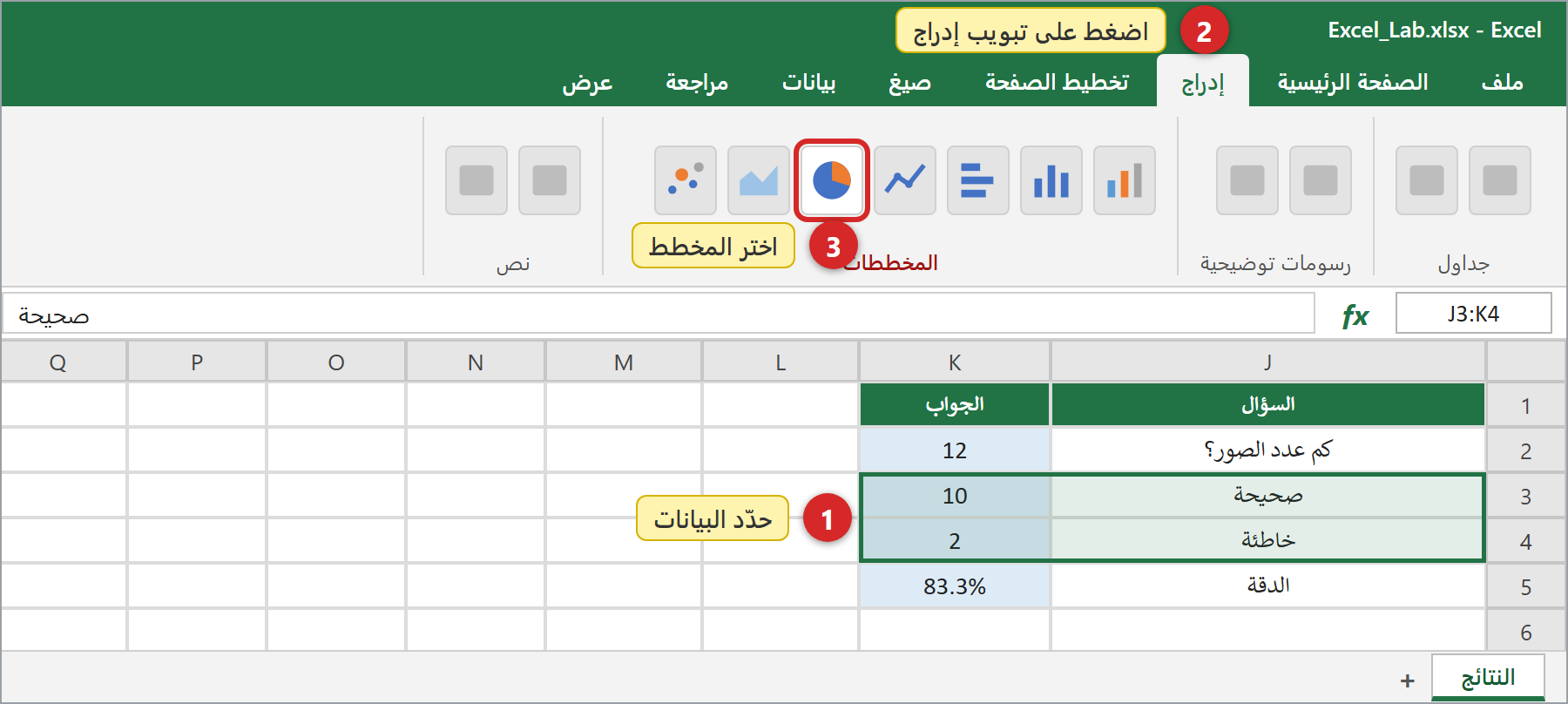 1 حدّدوا الخلايا · 2 افتحوا تبويب إدراج · 3 اضغطوا على أيقونة المخطط (هنا: دائري)