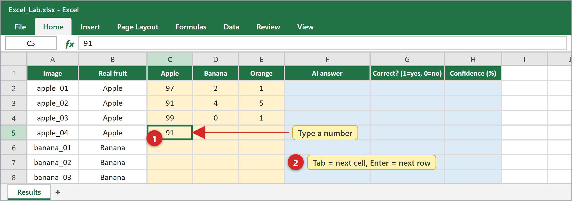 Type your numbers in the yellow cells. 1 Click a cell and type · 2 Tab = next cell, Enter = next row