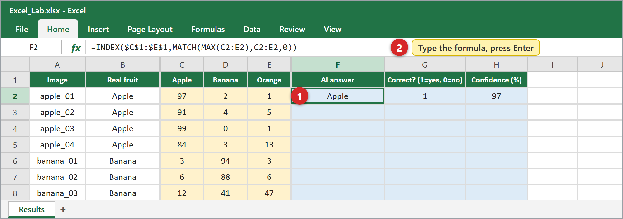 Click F2 and type the formula (it also shows in the formula bar).