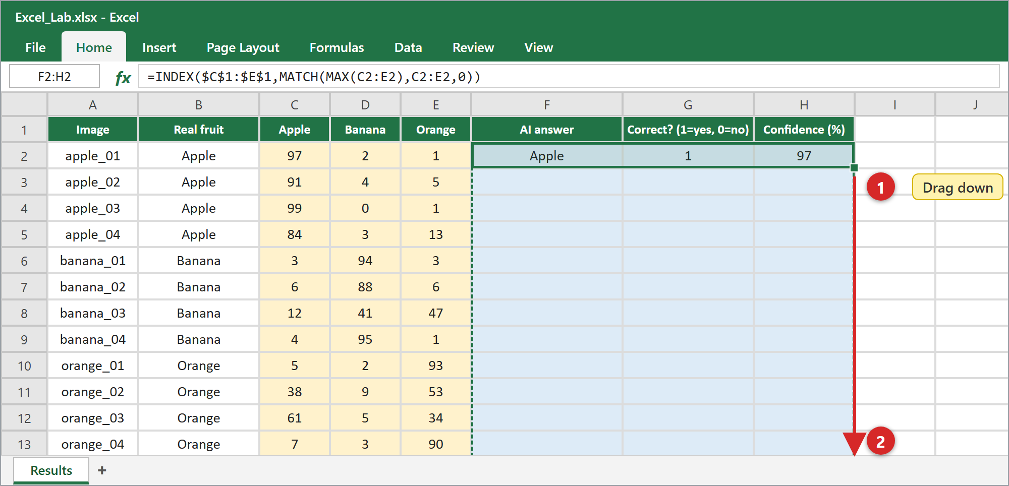 Drag the fill handle down to copy the formulas to every row.
