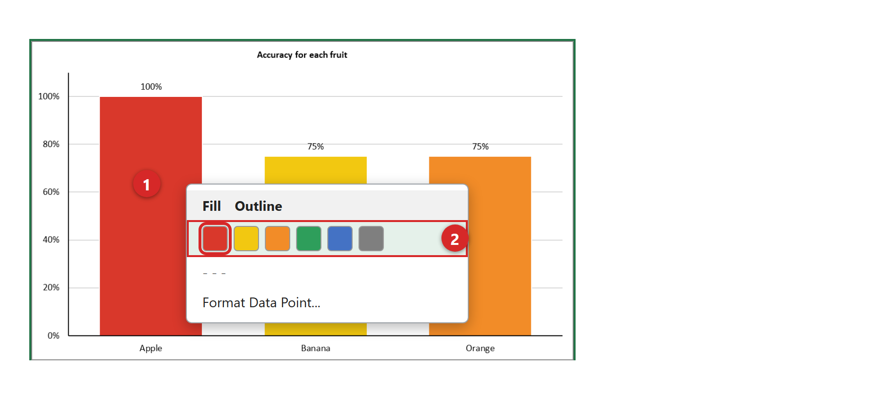 1 Right-click one bar · 2 Choose Fill and pick a color