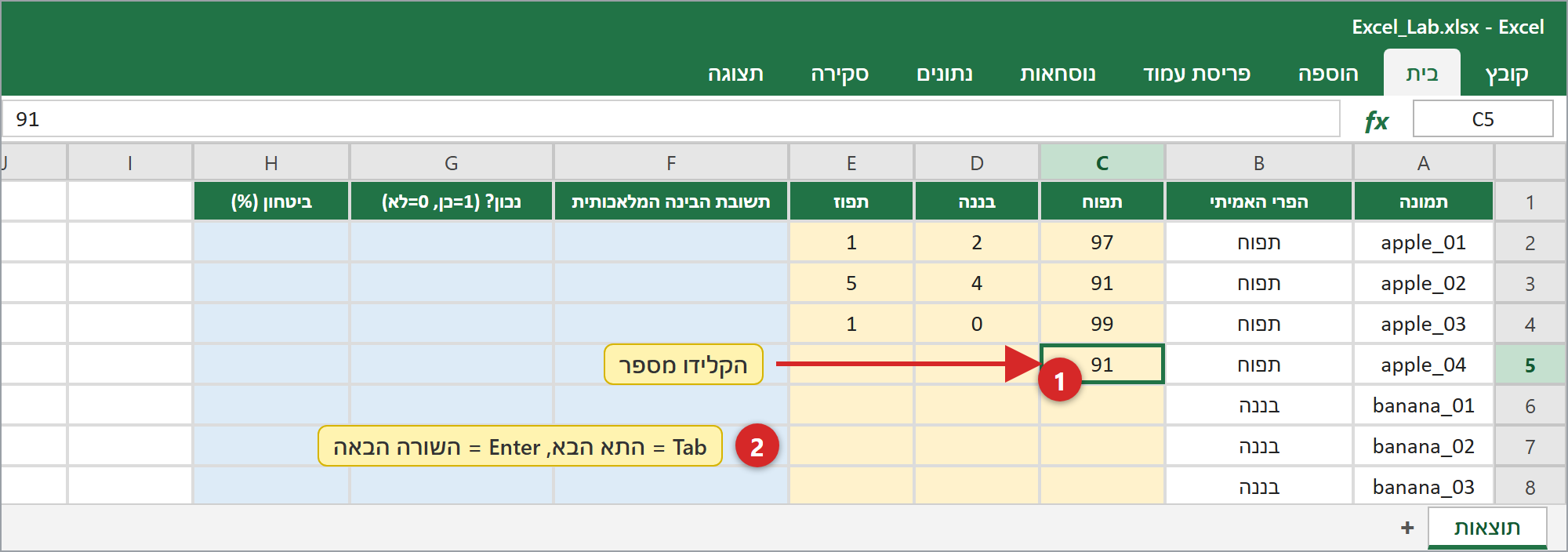 מקלידים את המספרים בתאים הצהובים. 1 לחצו על תא והקלידו · 2 Tab = התא הבא, Enter = השורה הבאה