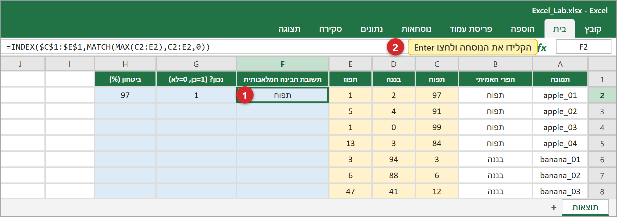 לחצו על F2 והקלידו את הנוסחה (היא מופיעה גם בשורת הנוסחאות).