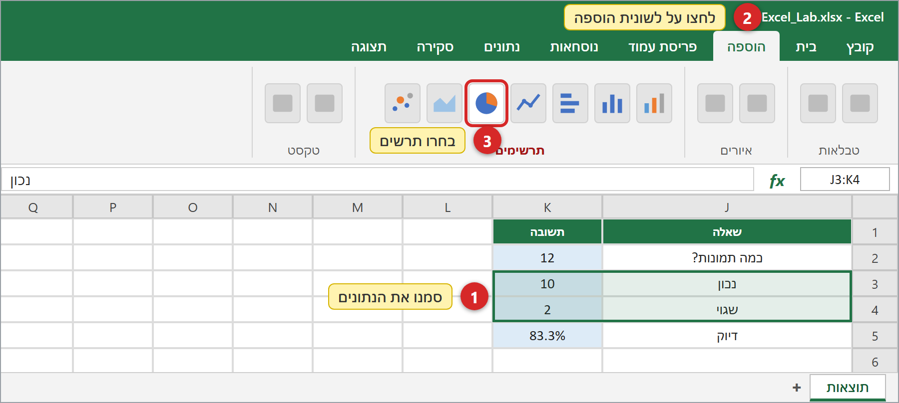 1 סמנו את התאים · 2 פתחו את לשונית הוספה · 3 לחצו על סמל התרשים (כאן: עוגה)